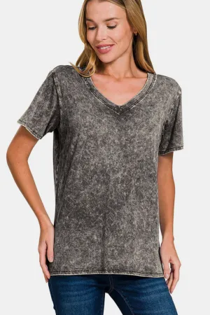 Dark Gray Washed Short Sleeve V-Neck T-Shirt
