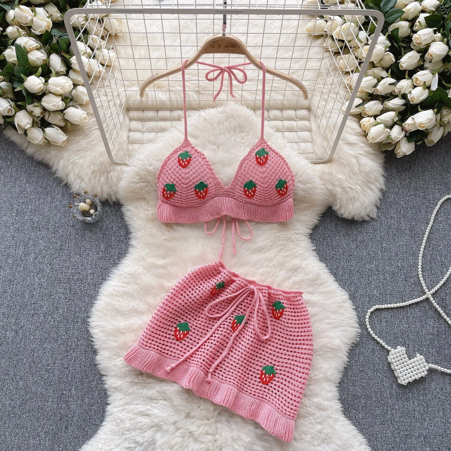 Halter Backless Camis Short Skirts 2 Pieces Sets Flower Hollow Out Beach Suits