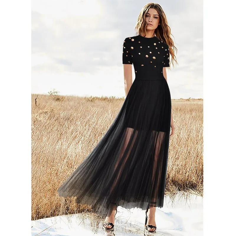 Mila Two Piece Set Black Crop Knitted Top & Sheer Mesh Skirt Set