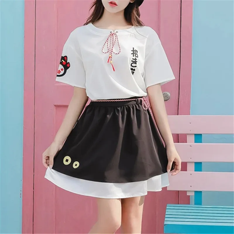 "CUTE FORTUNE CAT" SHIRT/SKIRT SET Y021613