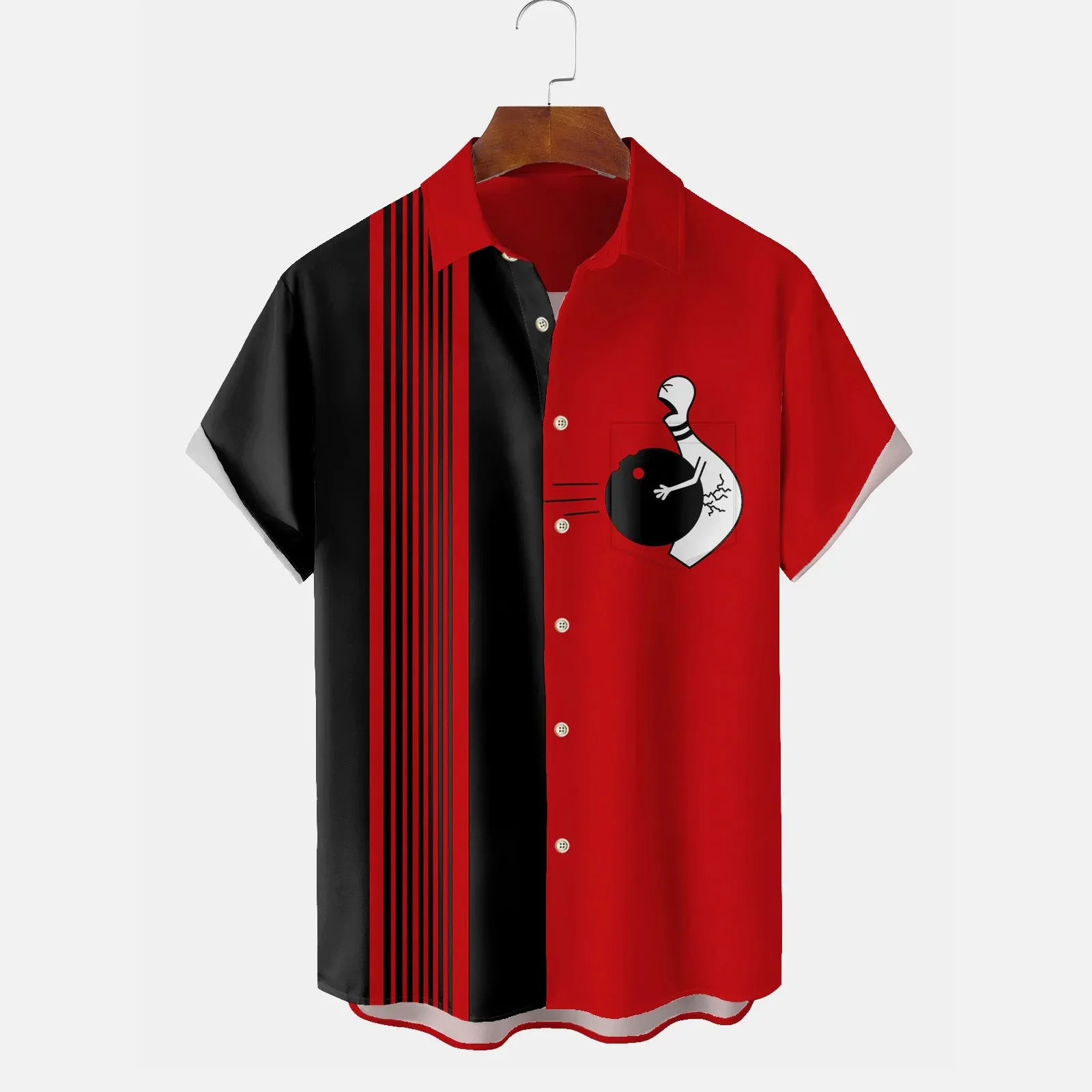 Vintage Bowling Cartoon Print Chest Pocket Shirt Big Tall